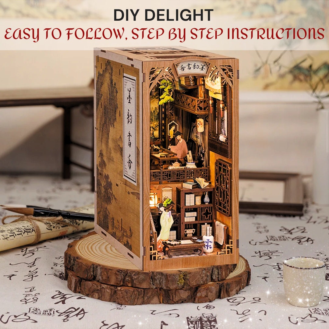 3D Wooden Book Nook Ink Rhyme Bookstore - Dollhouse Miniature with Touch Light, Dust Cover - Perfect DIY Gift & Toy for New Hobby Enthusiast