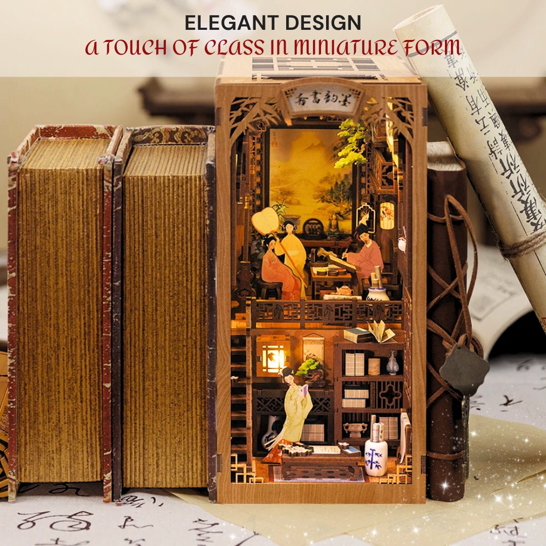 3D Wooden Book Nook Ink Rhyme Bookstore - Dollhouse Miniature with Touch Light, Dust Cover - Perfect DIY Gift & Toy for New Hobby Enthusiast