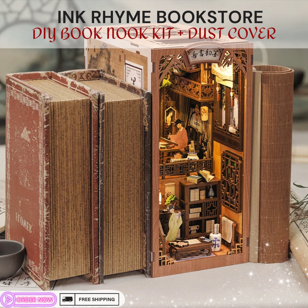 3D Wooden Book Nook Ink Rhyme Bookstore - Dollhouse Miniature with Touch Light, Dust Cover - Perfect DIY Gift & Toy for New Hobby Enthusiast
