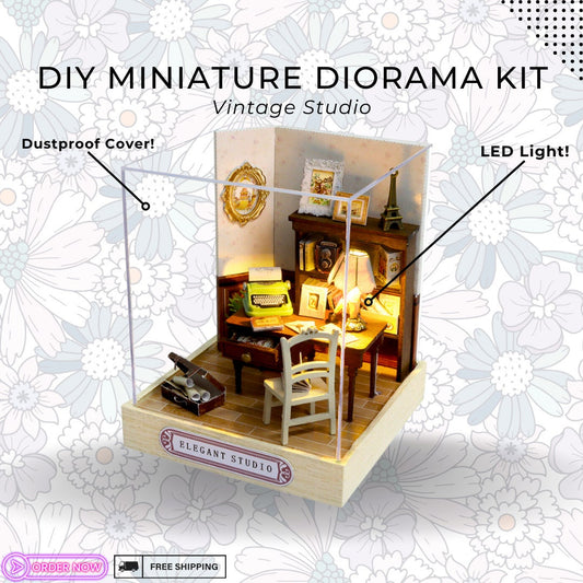 Charming Vintage-Inspired Miniature Studio Diorama Kit with Lighting - DIY Wooden Craft Set for Hobbyists