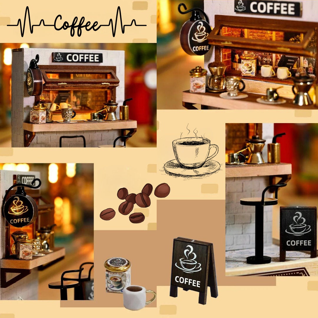 DIY Coffee Time Miniature Dollhouse Kit - Cosy Wooden Diorama with Light, Exquisite Craft & Decorative Charm