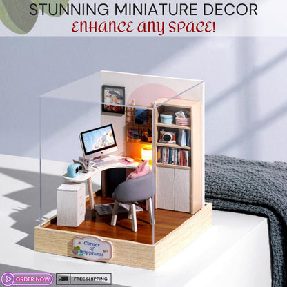 Cosy Study Corner Diorama with Light- Deluxe Wooden Miniature Dollhouse DIY Kit Perfect Craft & Gift Model Making For Miniatures Enthusiasts
