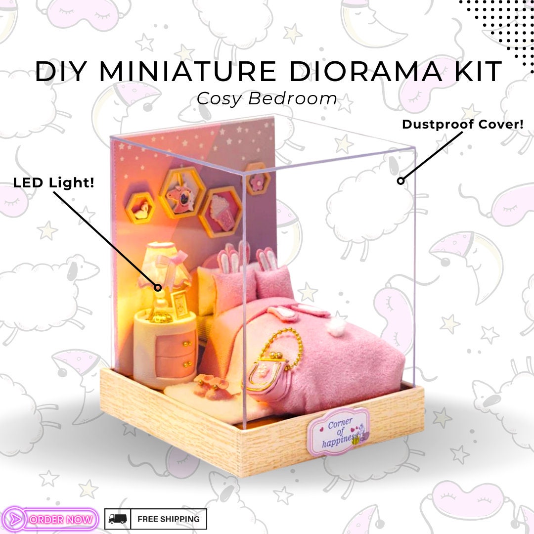 Charming DIY Cosy Bedroom Diorama Kit - Miniature Wooden Dollhouse with Light, Handcrafted Decorative Display, Perfect Craft Gift