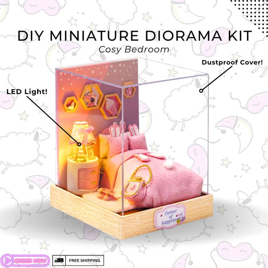 Charming DIY Cosy Bedroom Diorama Kit - Miniature Wooden Dollhouse with Light, Handcrafted Decorative Display, Perfect Craft Gift