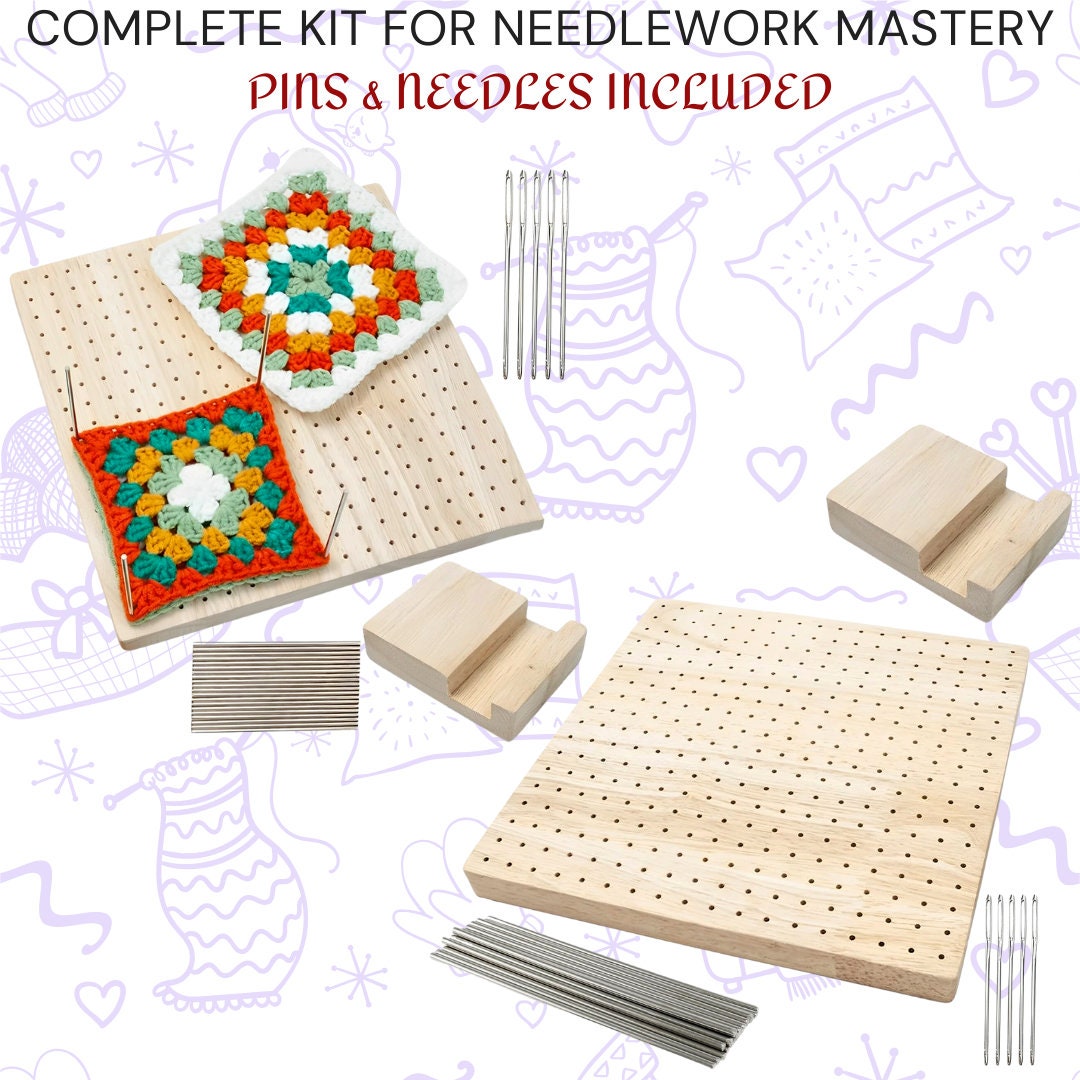Premium Oak Crochet Blocking Board Kit 9.3" - Handcrafted Knitting Mat Set with Stainless Steel Pins and Needles for DIY Needlework & Crafts