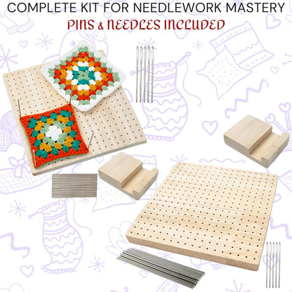Premium Oak Crochet Blocking Board Kit 9.3" - Handcrafted Knitting Mat Set with Stainless Steel Pins and Needles for DIY Needlework & Crafts
