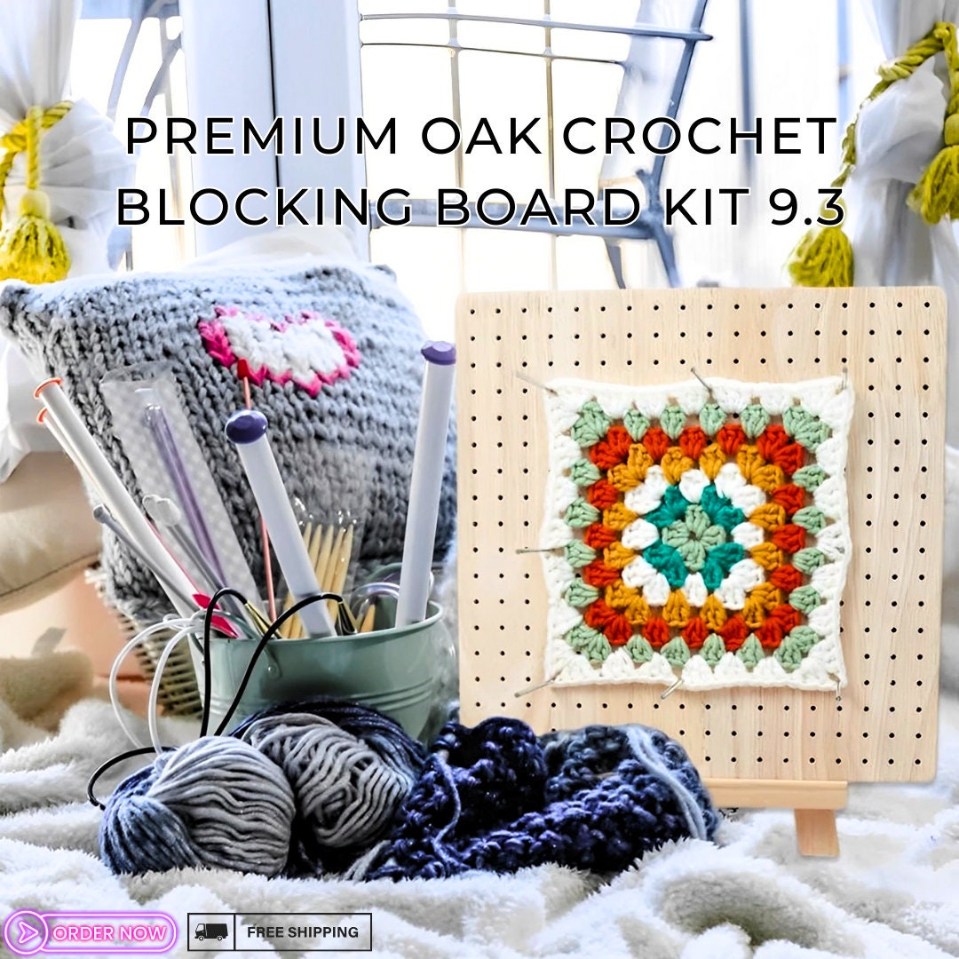 Premium Oak Crochet Blocking Board Kit 9.3" - Handcrafted Knitting Mat Set with Stainless Steel Pins and Needles for DIY Needlework & Crafts