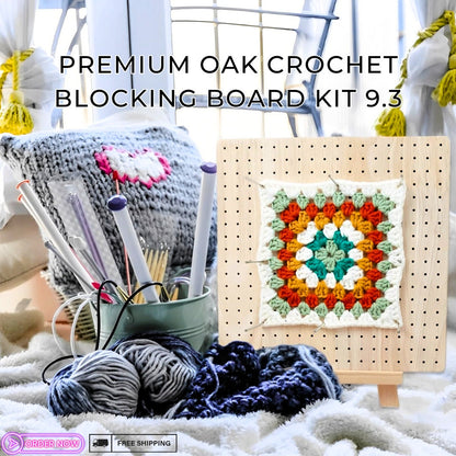Premium Oak Crochet Blocking Board Kit 9.3" - Handcrafted Knitting Mat Set with Stainless Steel Pins and Needles for DIY Needlework & Crafts