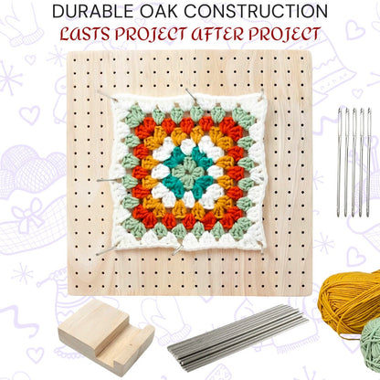 Premium Oak Crochet Blocking Board Kit 9.3" - Handcrafted Knitting Mat Set with Stainless Steel Pins and Needles for DIY Needlework & Crafts