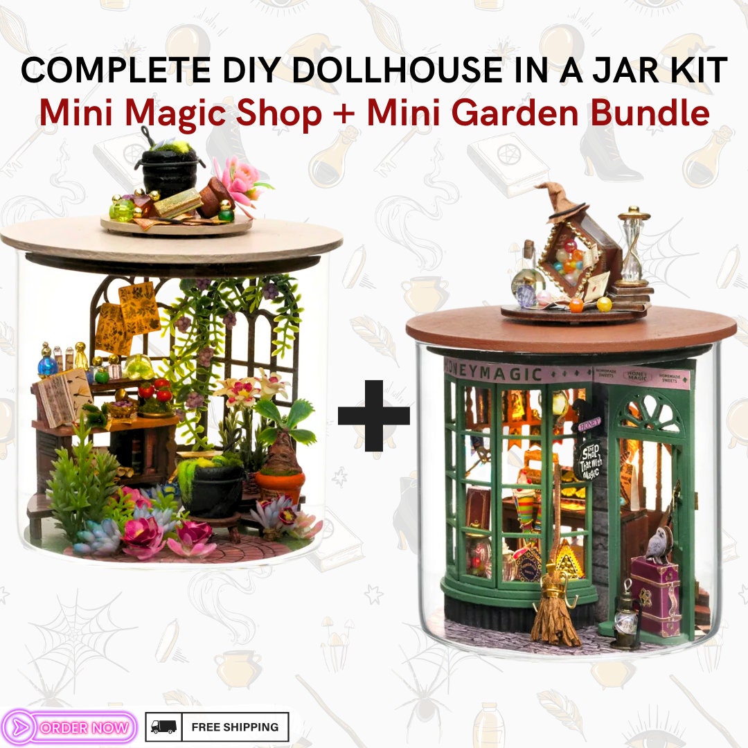 DIY Mini Magic Shop & Garden Bundle | Complete Dollhouse Jar Kit with LED Light, Craft | Home Decor Gift Idea for Creative Kids Adults