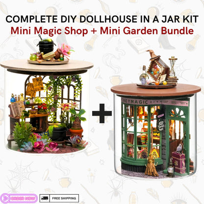 DIY Mini Magic Shop & Garden Bundle | Complete Dollhouse Jar Kit with LED Light, Craft | Home Decor Gift Idea for Creative Kids Adults
