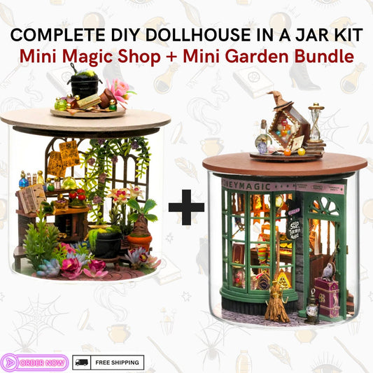 DIY Mini Magic Shop & Garden Bundle | Complete Dollhouse Jar Kit with LED Light, Craft | Home Decor Gift Idea for Creative Kids Adults