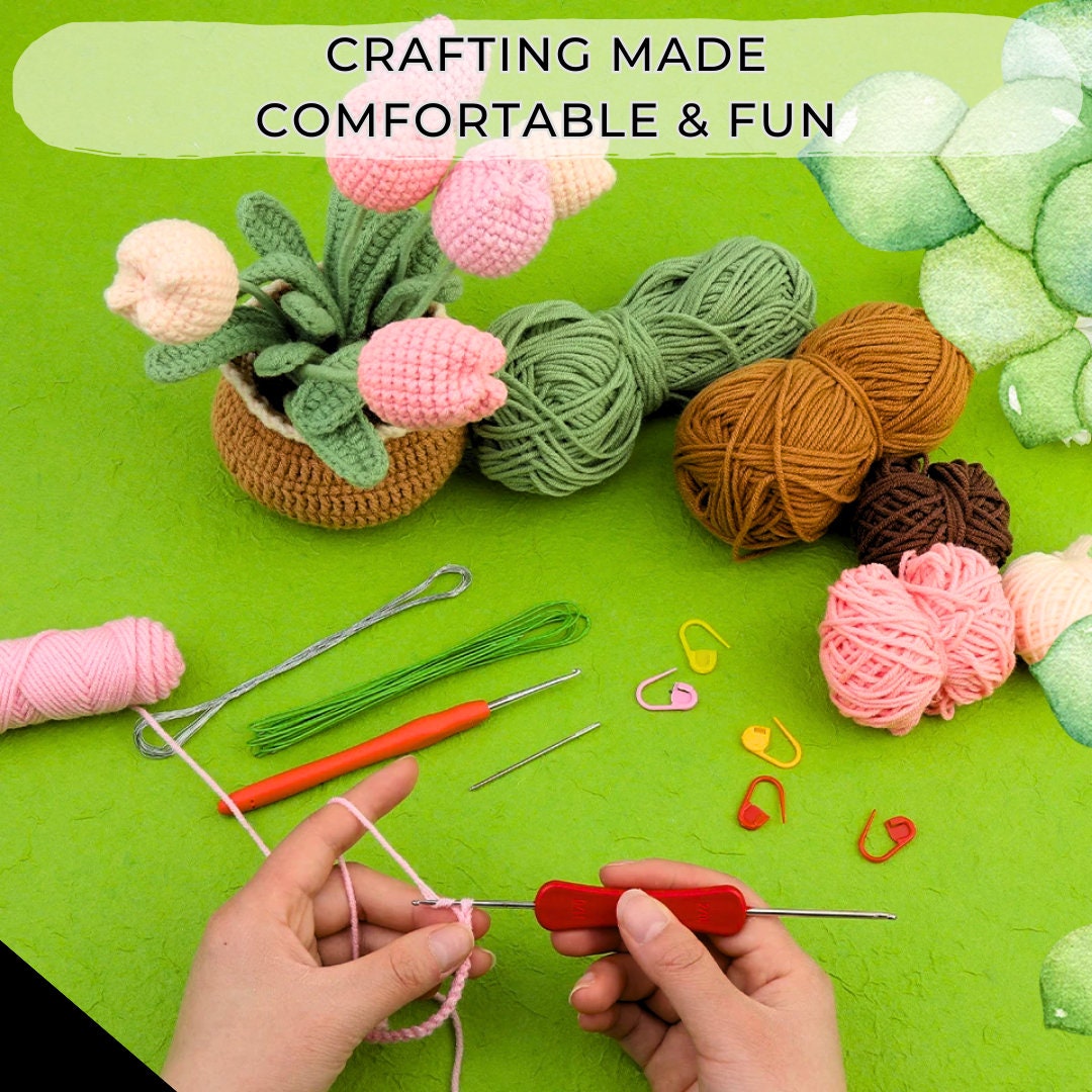 Beginner Crochet Kit Bundle 4 Plants: Yarn, Hooks, Instructions - DIY Craft Set for Home Decor & Gifts, Ideal for Mother's Day Crafting
