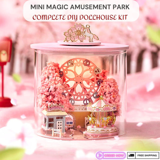 DIY Miniature Amusement Park Dollhouse Kit with LED Light - Pink Creative Wooden Craft for Home Decor & Unique Gift Idea