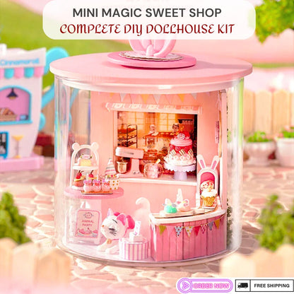 Miniature Sweet Shop DIY Kit - Dollhouse Crafting with LED Set, Wooden Model Home Decor, Creative Assembly Project for Adults and Kids Gift