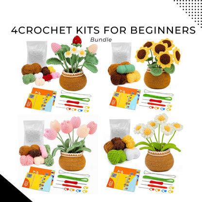 Beginner Crochet Kit Bundle 4 Plants: Yarn, Hooks, Instructions - DIY Craft Set for Home Decor & Gifts, Ideal for Mother's Day Crafting