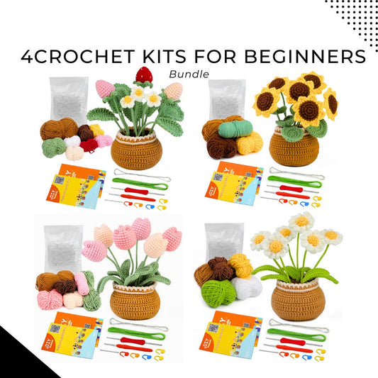 Beginner Crochet Kit Bundle 4 Plants: Yarn, Hooks, Instructions - DIY Craft Set for Home Decor & Gifts, Ideal for Mother's Day Crafting