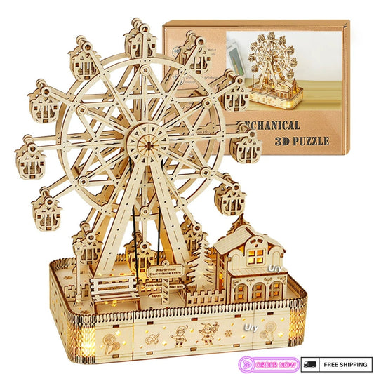 3D Wooden Ferris Wheel Puzzle Music Box - LED Light-Up DIY Craft Kit, Eco-Friendly Basswood Model, Perfect Gift & Home Decor (183 Pcs)