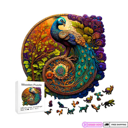 Peacock Bird Wooden Puzzle for All Ages - Unique Eco-Friendly Round Jigsaw - Ideal Gift & Family Game - Enhances Coordination and Focus