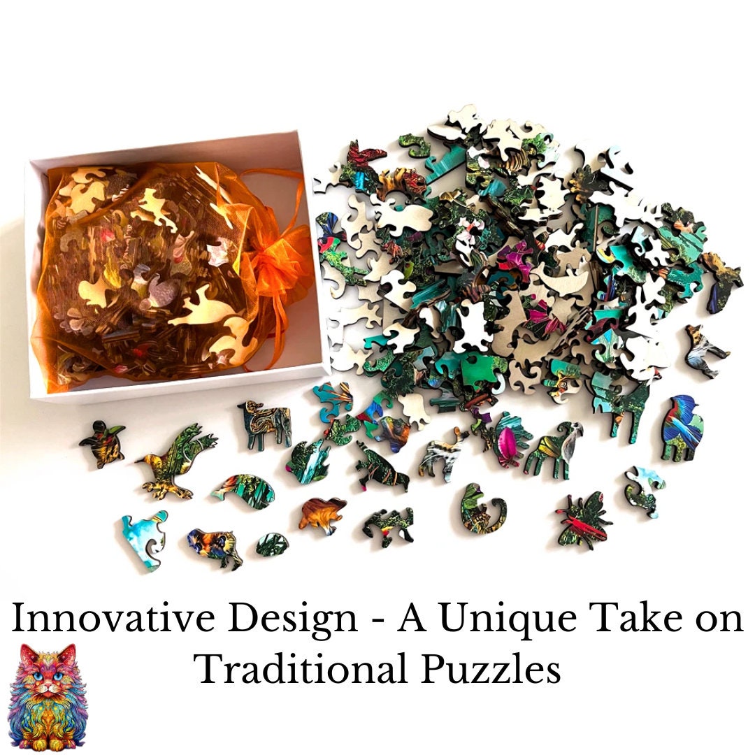 Psychedelic Persian Cat - Wooden Jigsaw Puzzle - Unique Animal Shape Design - Colorful Brain Stimulating Family Activity - Birthday Gift