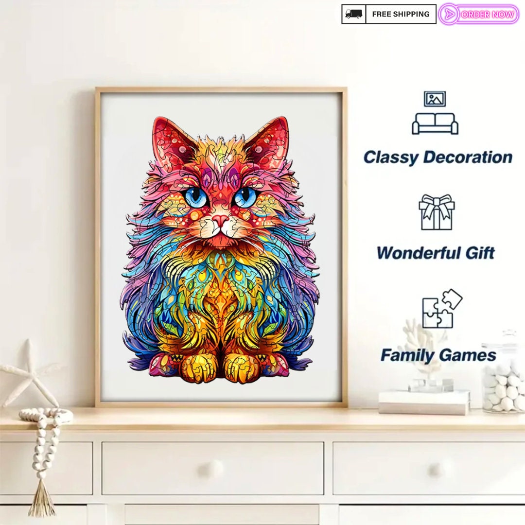 Psychedelic Persian Cat - Wooden Jigsaw Puzzle - Unique Animal Shape Design - Colorful Brain Stimulating Family Activity - Birthday Gift