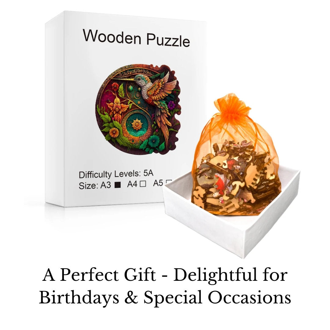 Vibrant Hummingbird Wooden Puzzle – Colourful Floral Design, Interlocking Pieces for All Ages, Perfect Family Jigsaw Gift, Unique Shapes