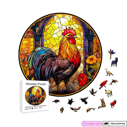 Challenging Stained Glass Rooster Puzzle - Artistic Wooden Jigsaw, Varied Sizes, Vibrant Decor Piece, Ideal for Puzzle Lovers