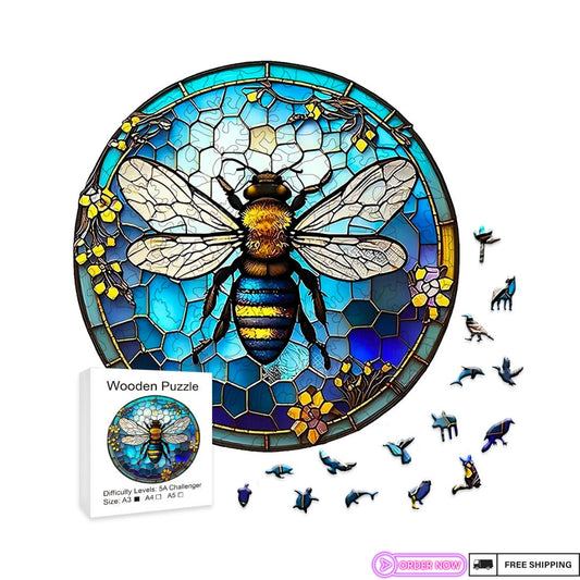 Stained Glass Bee Wooden Puzzle - Unique Jigsaw Game, Challenging Family Activity, Eco-Friendly, Animal Shapes - Perfect Birthday Gift