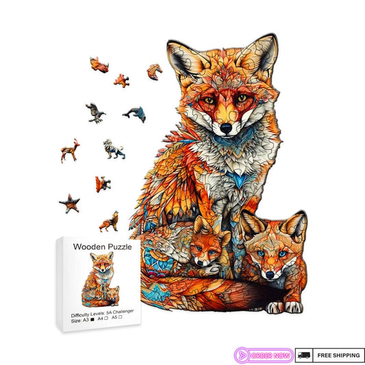 Unique Wooden Puzzle - Intricate Fox Family Design - Perfect Gift for Kids and Adults - Enhances Coordination & Problem-Solving Skills