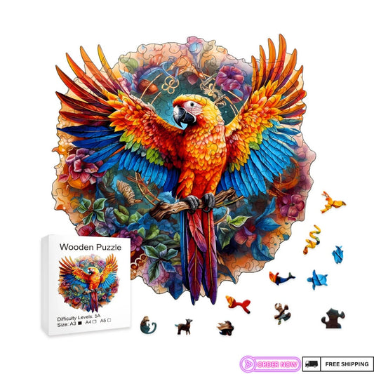 Vibrant Macaw Parrot Wooden Puzzle - Eco-Friendly Jigsaw Game for Adults and Kids - Unique Animal Shapes - Perfect Gift for Birthday