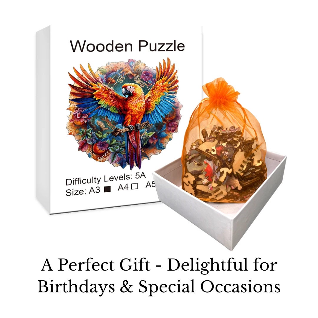Vibrant Macaw Parrot Wooden Puzzle - Eco-Friendly Jigsaw Game for Adults and Kids - Unique Animal Shapes - Perfect Gift for Birthday