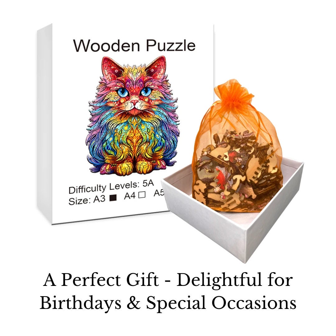 Psychedelic Persian Cat - Wooden Jigsaw Puzzle - Unique Animal Shape Design - Colorful Brain Stimulating Family Activity - Birthday Gift