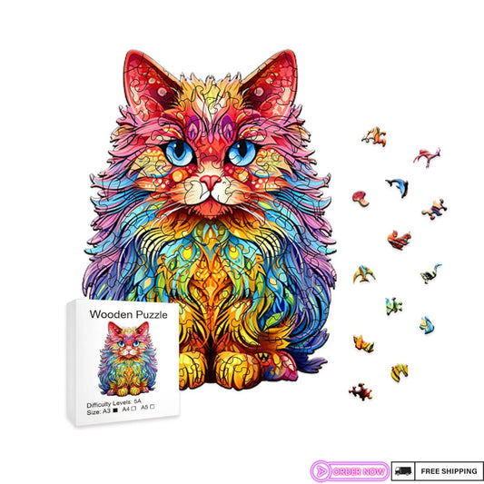 Psychedelic Persian Cat - Wooden Jigsaw Puzzle - Unique Animal Shape Design - Colorful Brain Stimulating Family Activity - Birthday Gift