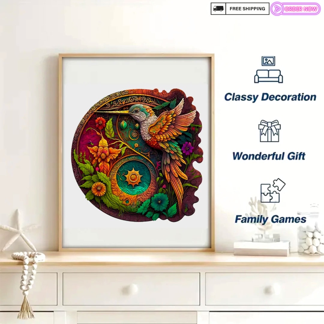 Vibrant Hummingbird Wooden Puzzle – Colourful Floral Design, Interlocking Pieces for All Ages, Perfect Family Jigsaw Gift, Unique Shapes