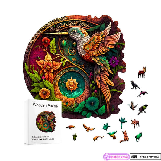 Vibrant Hummingbird Wooden Puzzle – Colourful Floral Design, Interlocking Pieces for All Ages, Perfect Family Jigsaw Gift, Unique Shapes