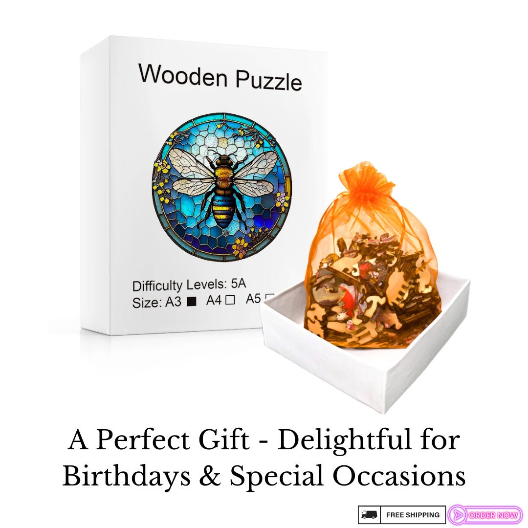 Stained Glass Bee Wooden Puzzle - Unique Jigsaw Game, Challenging Family Activity, Eco-Friendly, Animal Shapes - Perfect Birthday Gift