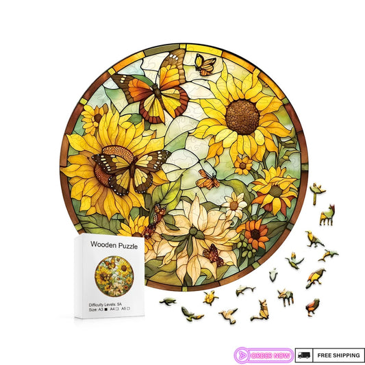 Butterfly & Sunflower Wooden Jigsaw Puzzle - Unique Charming Design - Perfect Mindful Gift and Family Activity