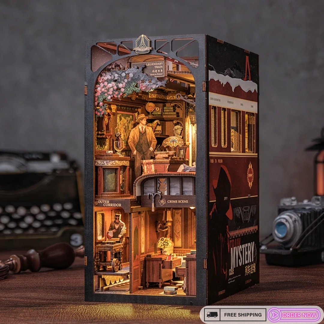 DIY Train Mystery Book Nook Kit - 3D Wooden Puzzle, Detective Train Booknook Model with Touch Light and Dust Cover Bookend Set For Beginners