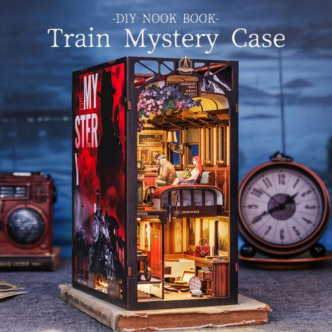 DIY Train Mystery Book Nook Kit - 3D Wooden Puzzle, Detective Train Booknook Model with Touch Light and Dust Cover Bookend Set For Beginners